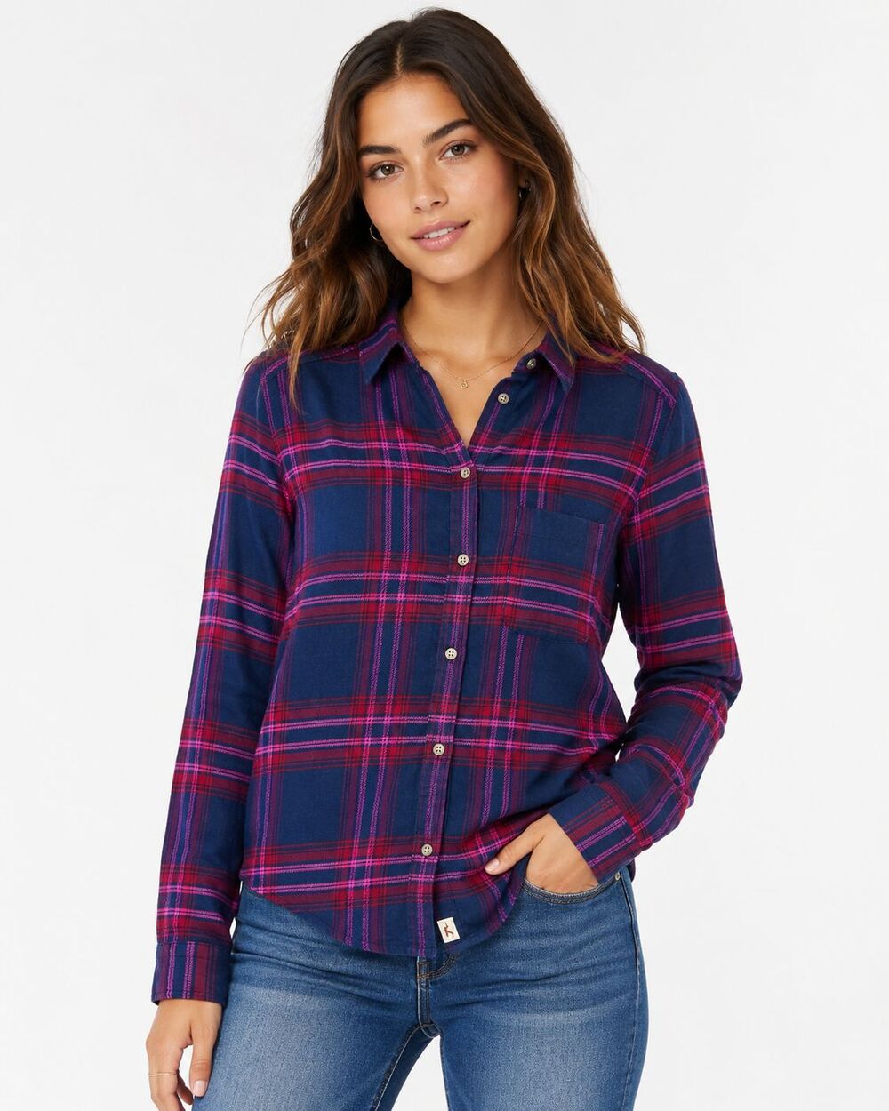 Hollister Womens Size S Navy Pink Plaid Flannel Button Down Shirt Soft
